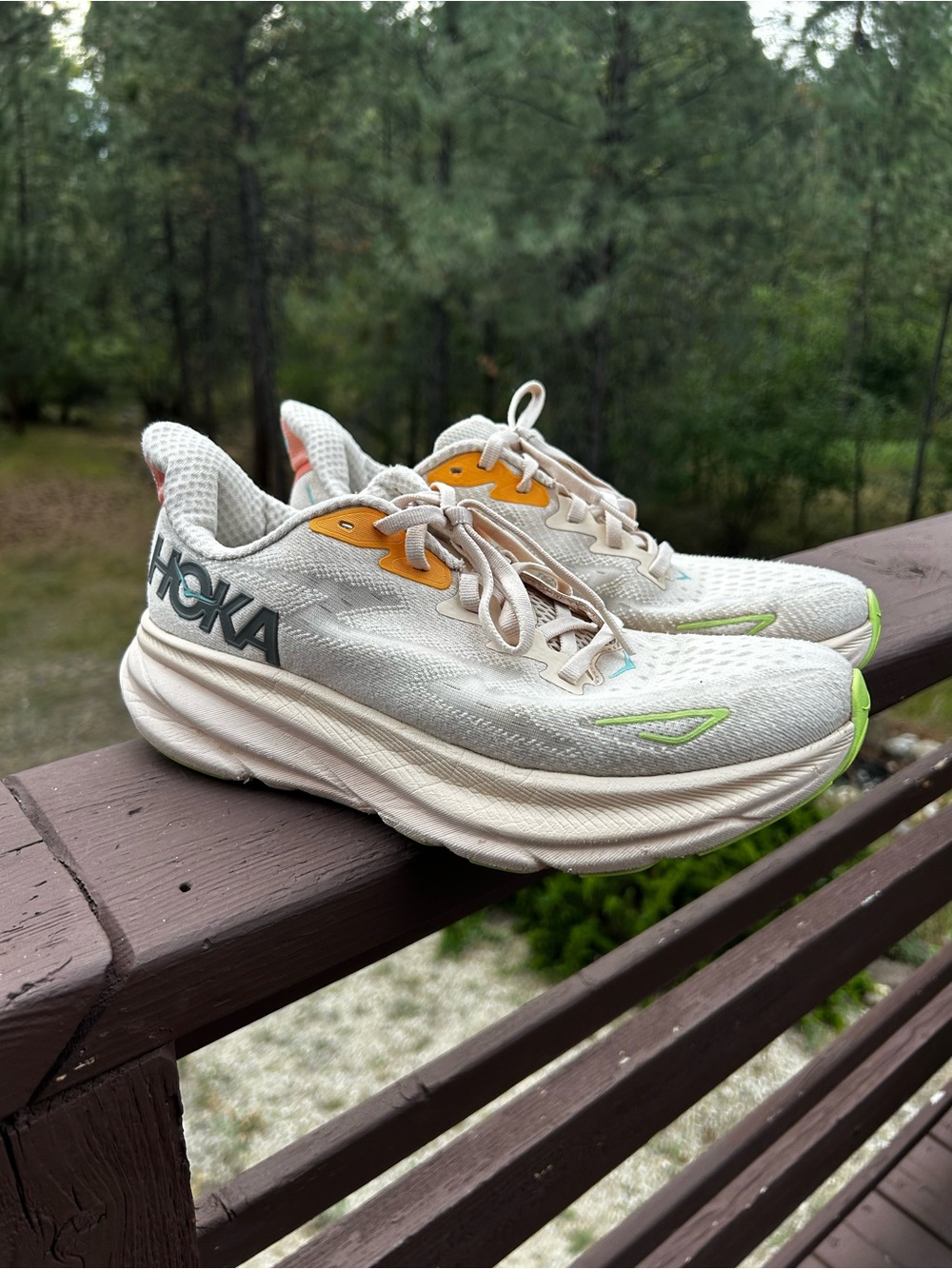 Hoka Women's Running Shoes in Off-White with Lime and Orange Accents